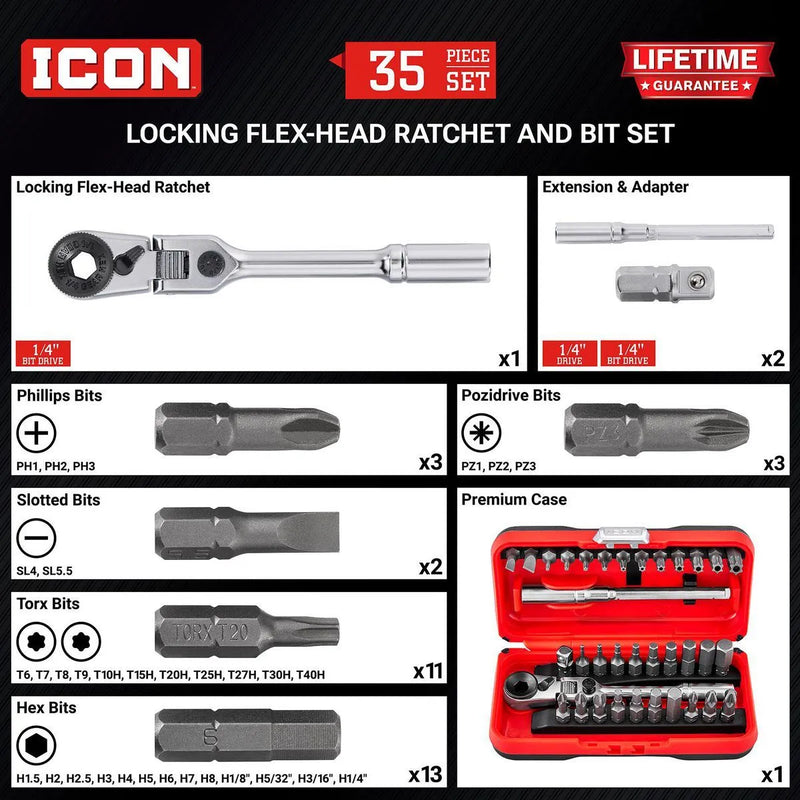 ICON 58074 Set de trinquete con cabeza flexible y puntas 35 piezas