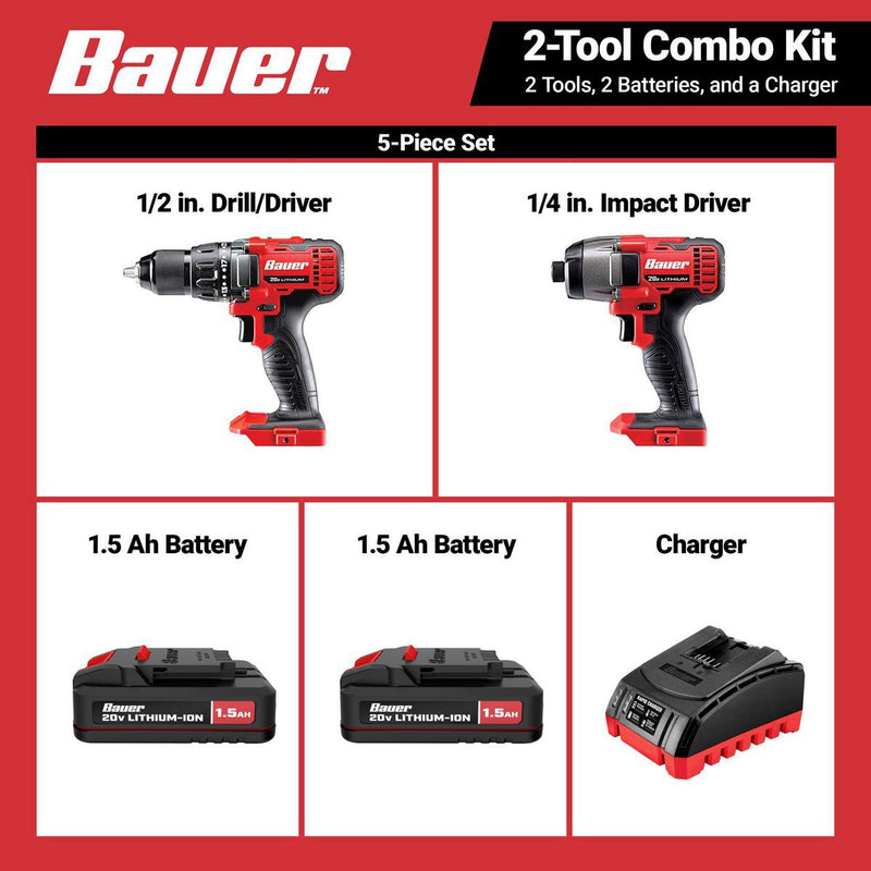 BAUER 70933 Kit de Taladro Inalámbrico y Destornillador de Impacto de 20V, 2 Herramientas, con (2) Baterías de 1.5 Ah y Cargador