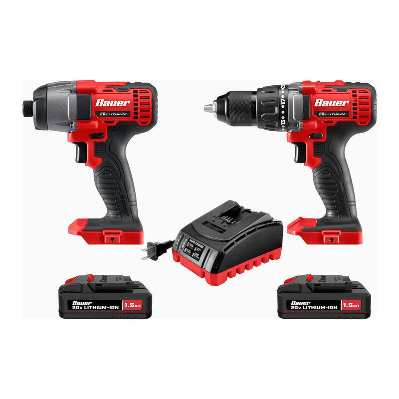 BAUER 70933 Kit de Taladro Inalámbrico y Destornillador de Impacto de 20V, 2 Herramientas, con (2) Baterías de 1.5 Ah y Cargador