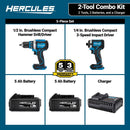 HERCULES 71291 Juego Combinado de 2 Herramientas: Taladro Percutor y Destornillador de Impacto sin Cable y sin Escobillas de 20V con (2) Baterías de 5 Ah y Cargador