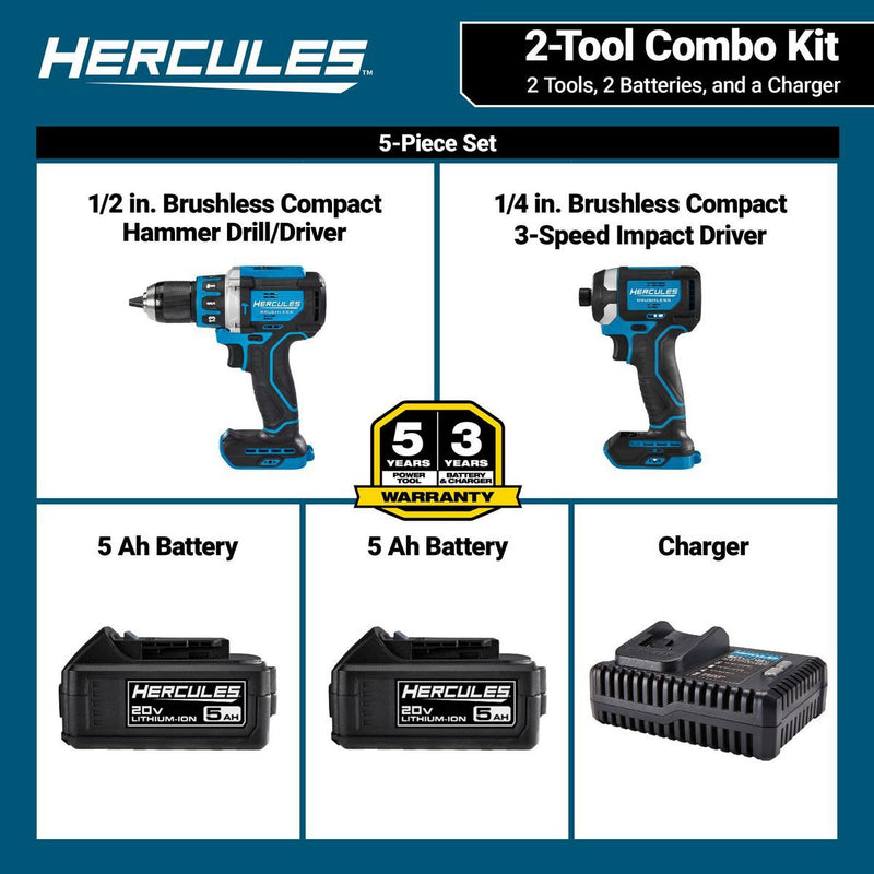 HERCULES 71291 Juego Combinado de 2 Herramientas: Taladro Percutor y Destornillador de Impacto sin Cable y sin Escobillas de 20V con (2) Baterías de 5 Ah y Cargador