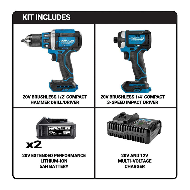 HERCULES 71291 Juego Combinado de 2 Herramientas: Taladro Percutor y Destornillador de Impacto sin Cable y sin Escobillas de 20V con (2) Baterías de 5 Ah y Cargador