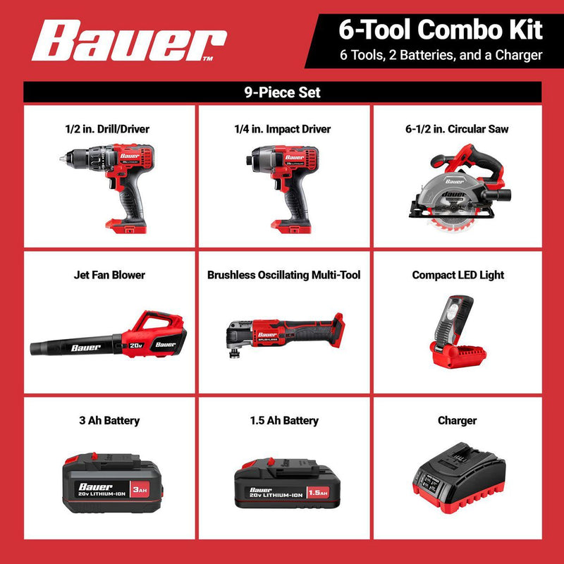 BAUER 71292 Kit Combinado Inalámbrico de 6 Herramientas de 20V con Batería de 3 Ah, Batería de 1.5 Ah y Cargador