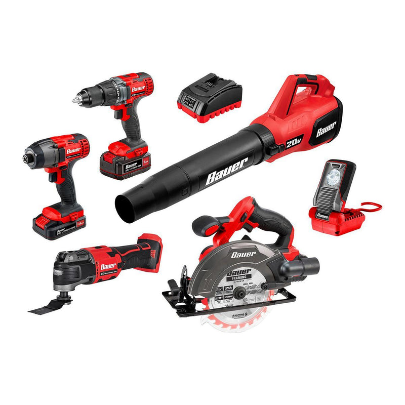 BAUER 71292 Kit Combinado Inalámbrico de 6 Herramientas de 20V con Batería de 3 Ah, Batería de 1.5 Ah y Cargador