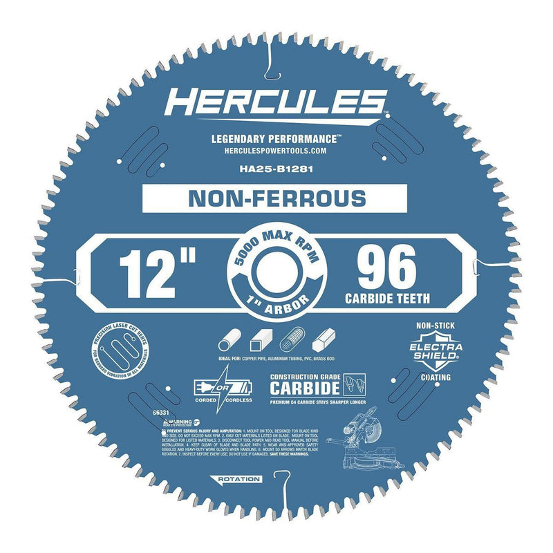 HERCULES 56331 Disco De Sierra Ingletadora Para Corte De Metales No Ferrosos/ Plásticos/ Laminados, 12 pulg. 96 Dientes