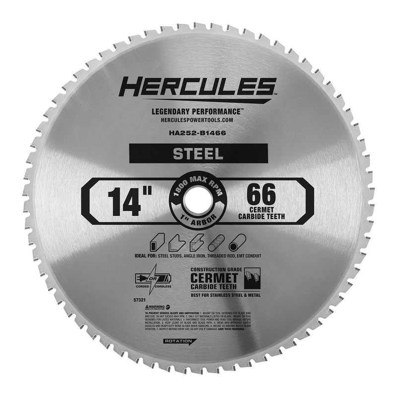 HERCULES 57321 Disco/Hoja de sierra circular de carburo Cermet 66T de 14 pulg. para sierras de corte de metal con eje de 1 pulg.